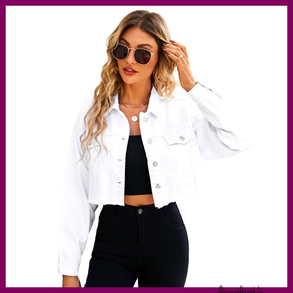 Cropped Denim Jacket Distressed Frayed Hem Button-Down Women's Size